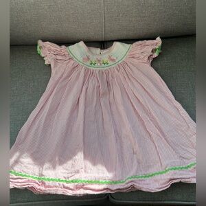 Lil Cactus Smocked Bunny Pink and White with Green Trim Dress-3T